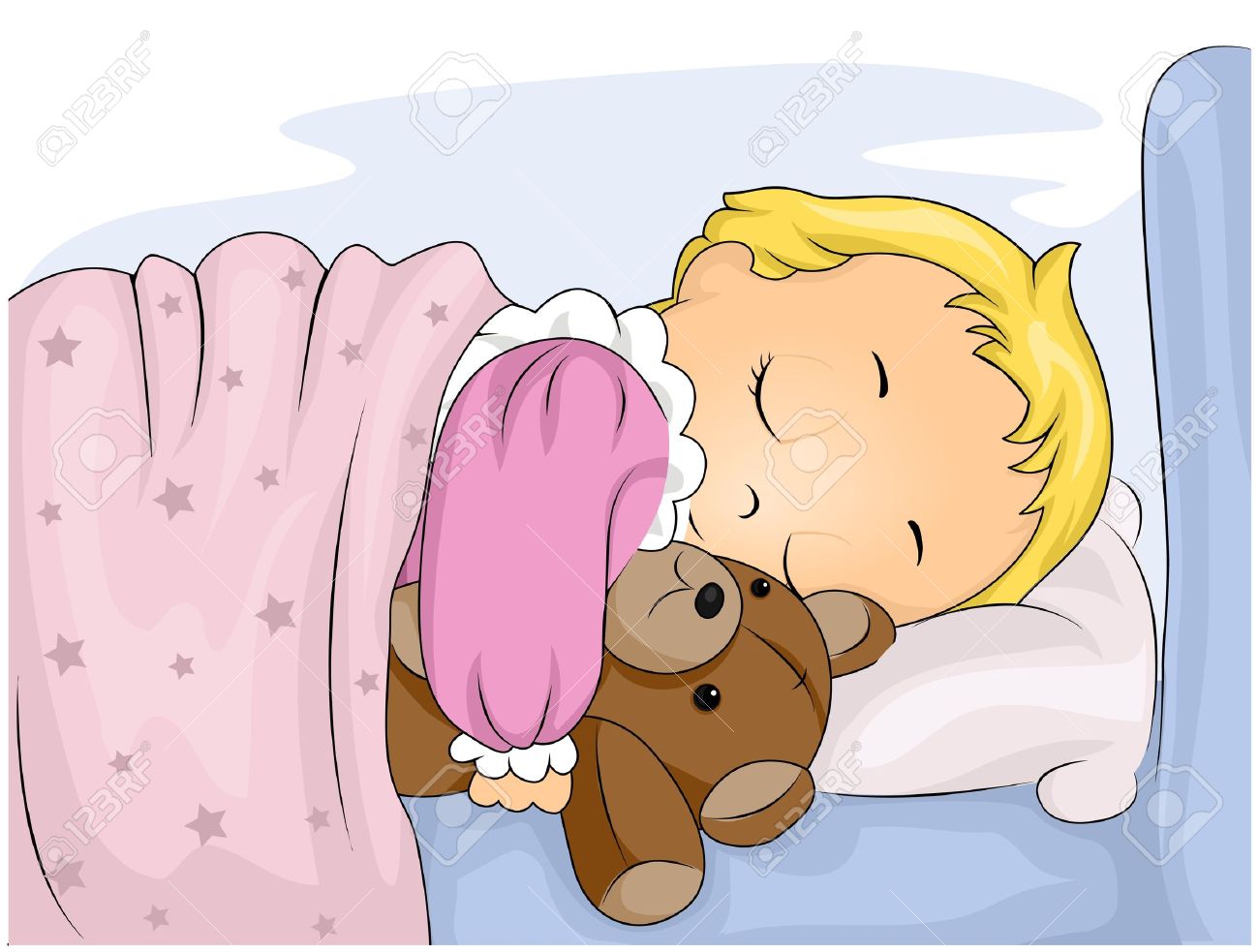 眠っている間彼女のぬいぐるみを抱いてかわいい子供のイラスト の写真素材 画像素材 Image