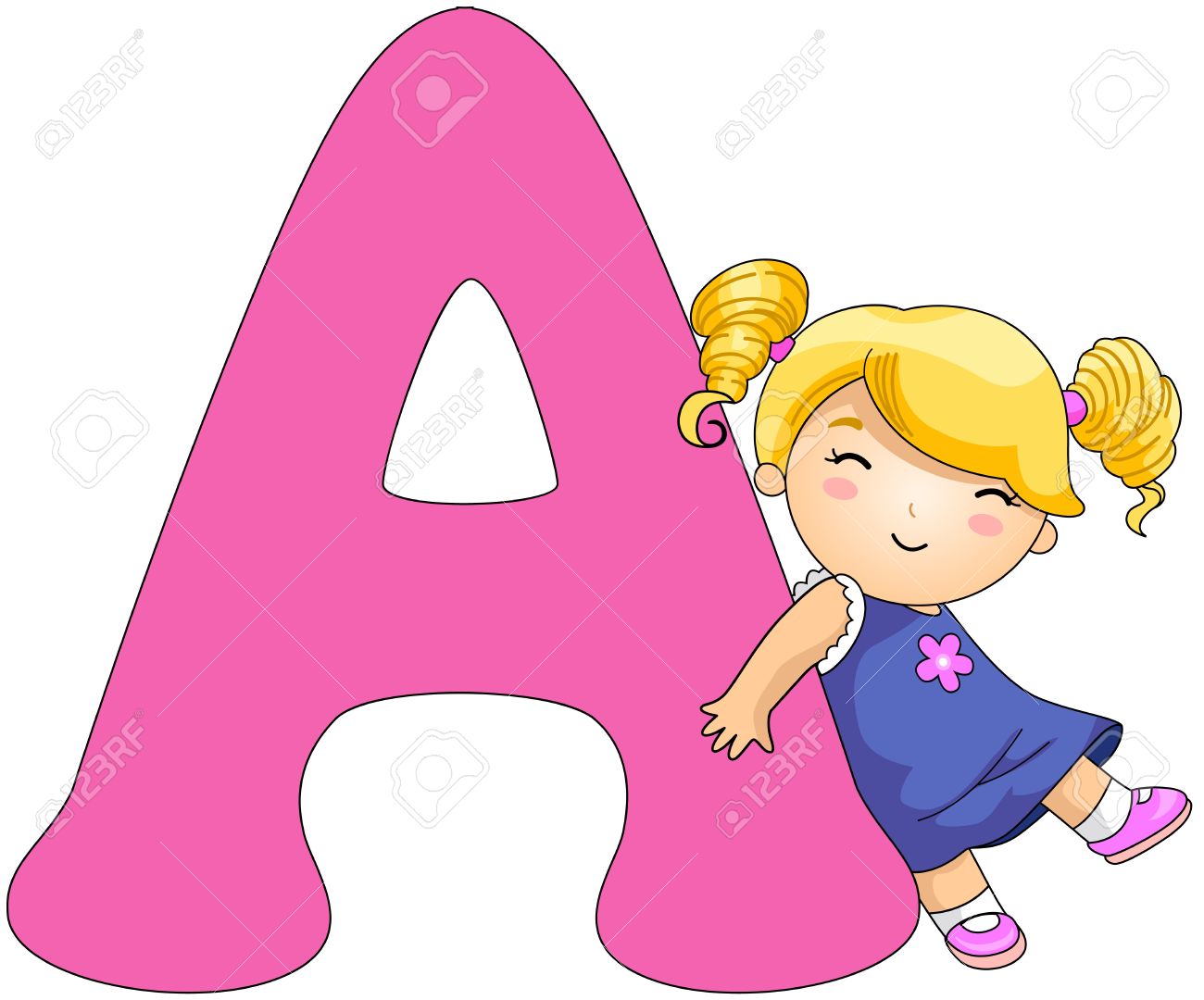 illustration of a girl resting against a letter a stock photo