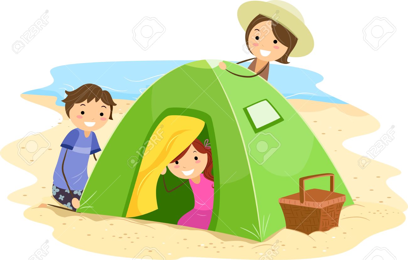 illustration of a family building a tent together stock photo
