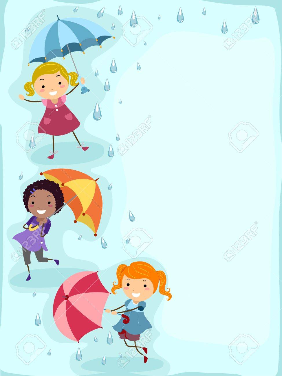 雨の中で遊ぶ子供たちのイラスト の写真素材 画像素材 Image 12325602