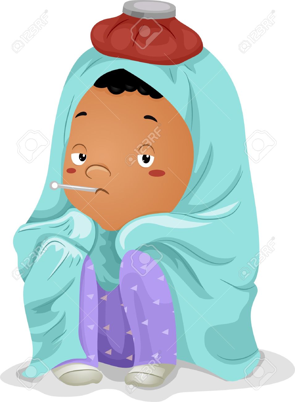 病気の子供少年の口で温度計との頭の上の氷の袋と毛布にくるまってイラスト の写真素材 画像素材 Image