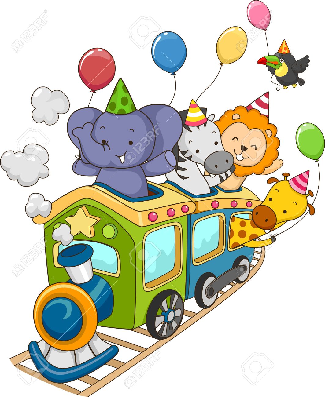 ジャングルの動物の機関車の電車に乗ってパーティー風船を保持しているイラスト の写真素材 画像素材 Image