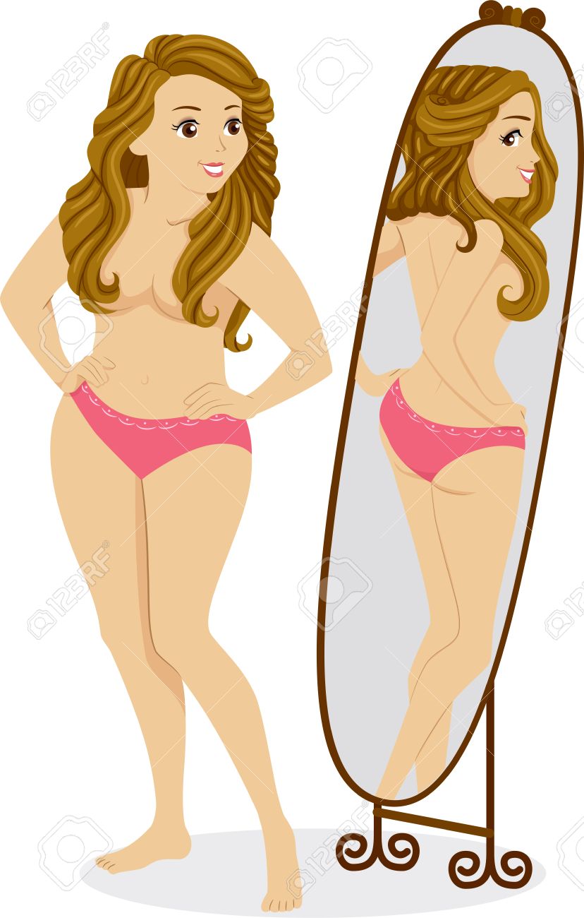 鏡の前で立っていると リフレクションで薄い女の子を見て肉付きの良い女性のイラスト の写真素材 画像素材 Image