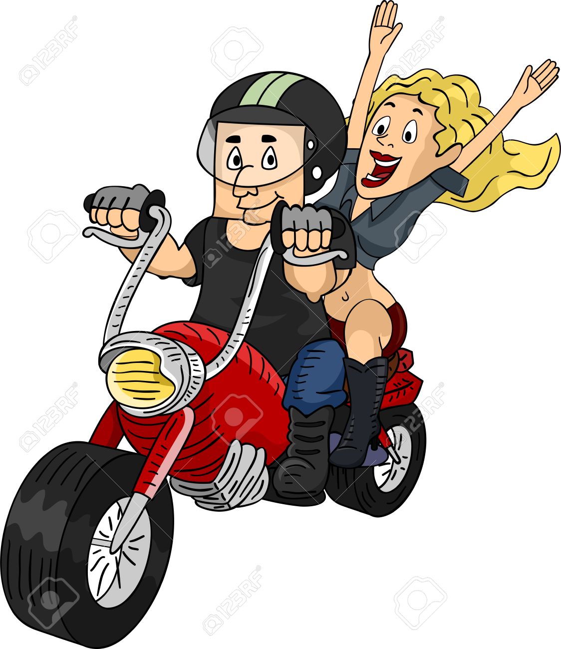 biker girl: Illustration of a Man Riding a Customized Motorcycle with a Female Passenger at