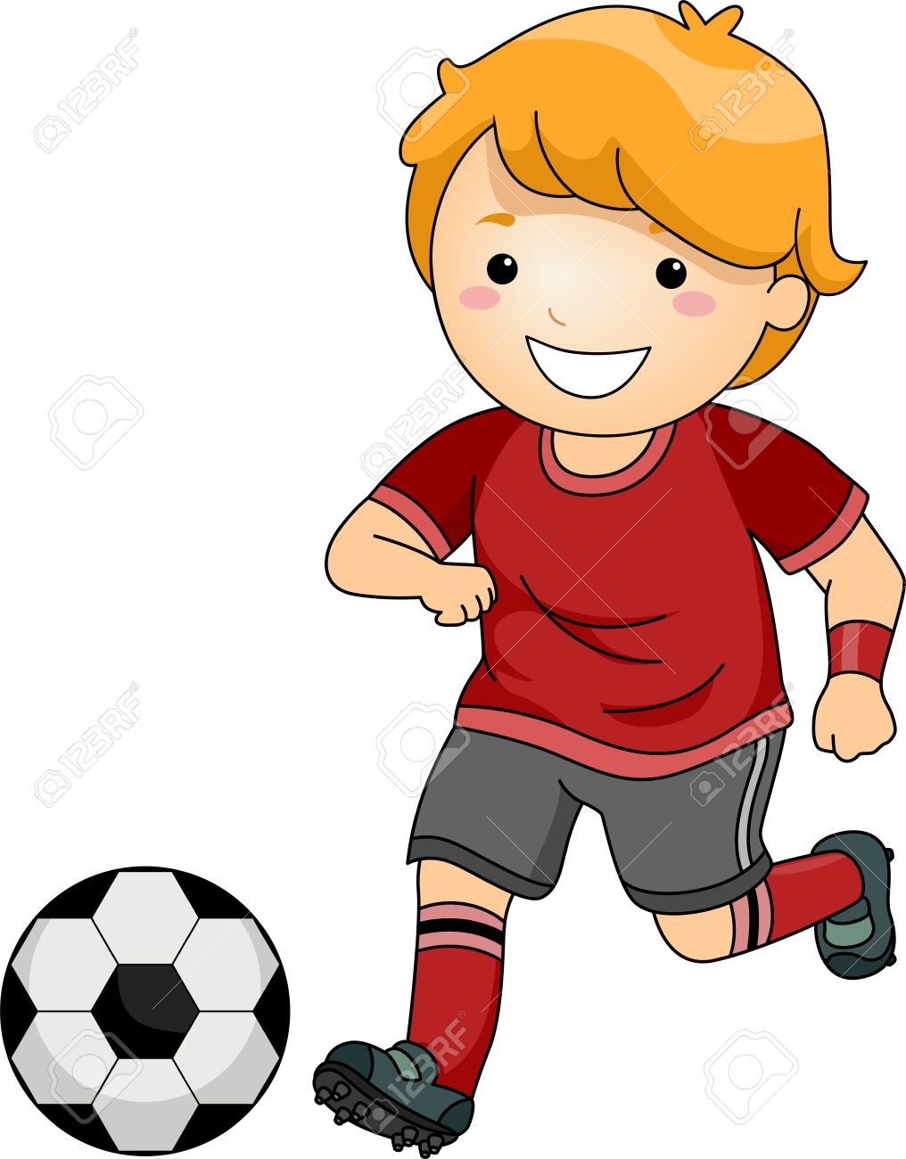 サッカー ボールをキックしようとしてサッカーのギアで小さな男の子のイラスト の写真素材 画像素材 Image