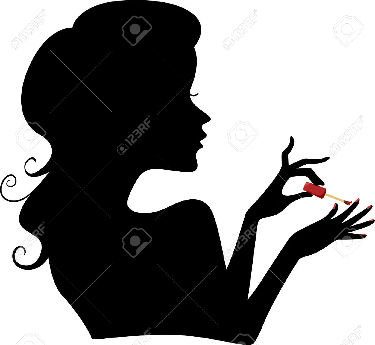 彼女の爪にマニキュアを適用する少女のシルエットをあしらったイラスト の写真素材 画像素材 Image