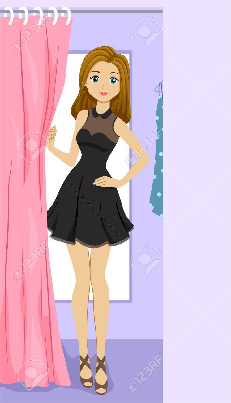 試着室から出てくる黒服の女の子のイラスト の写真素材 画像素材 Image