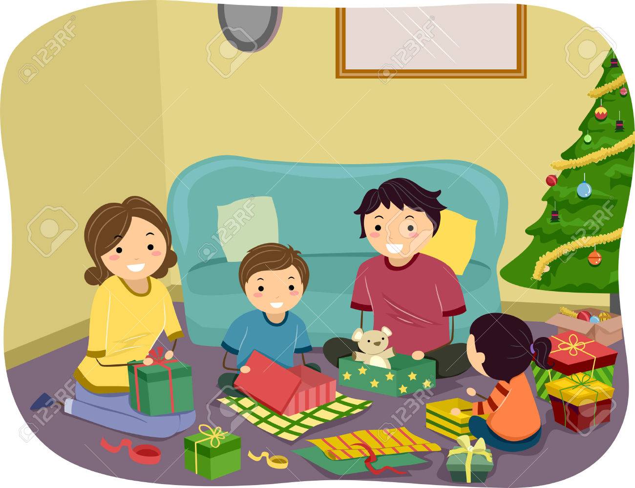 illustration of a family opening christmas gifts together royalty