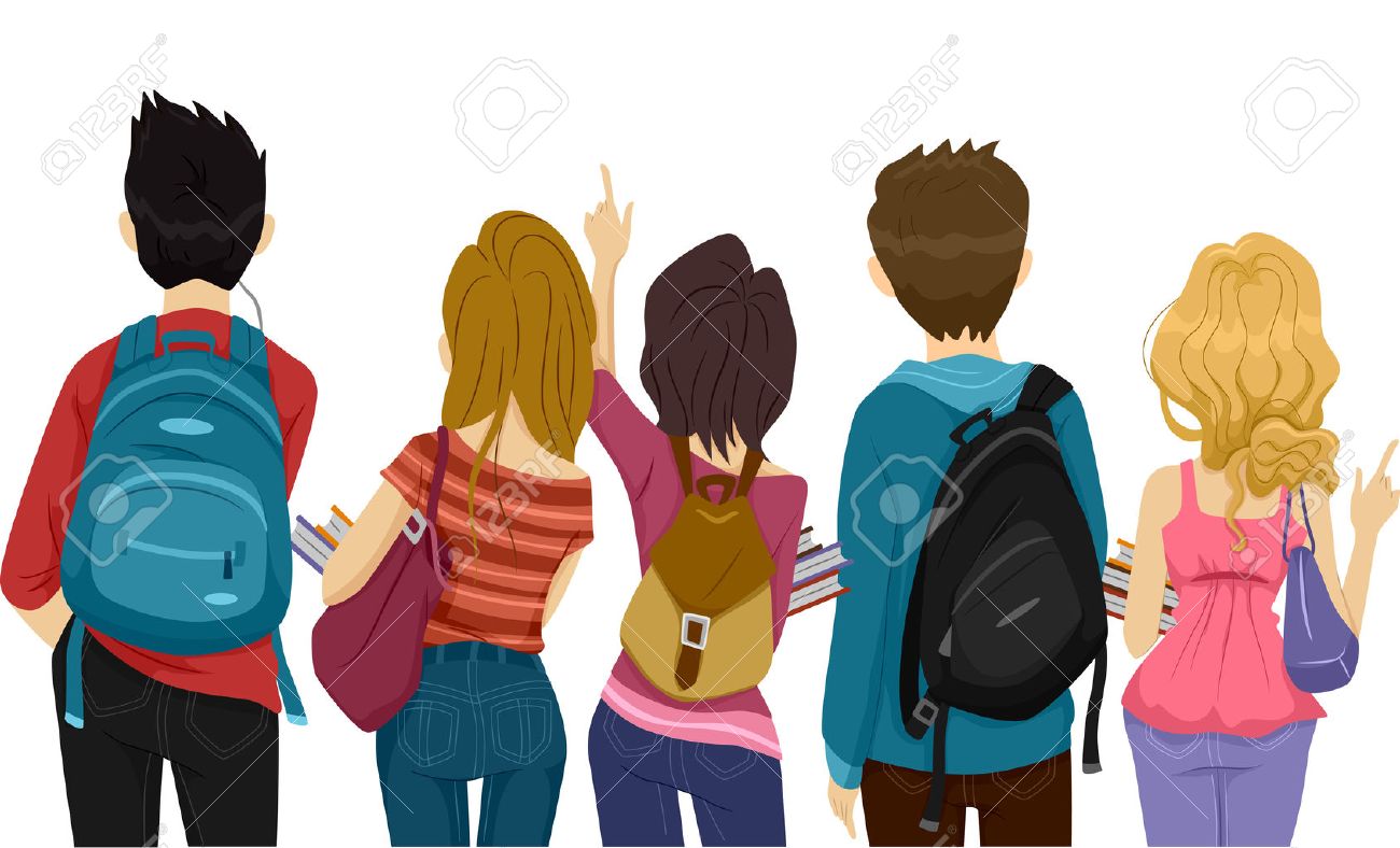 大学生の学校に行く途中の背面図 のイラスト素材 ベクタ Image