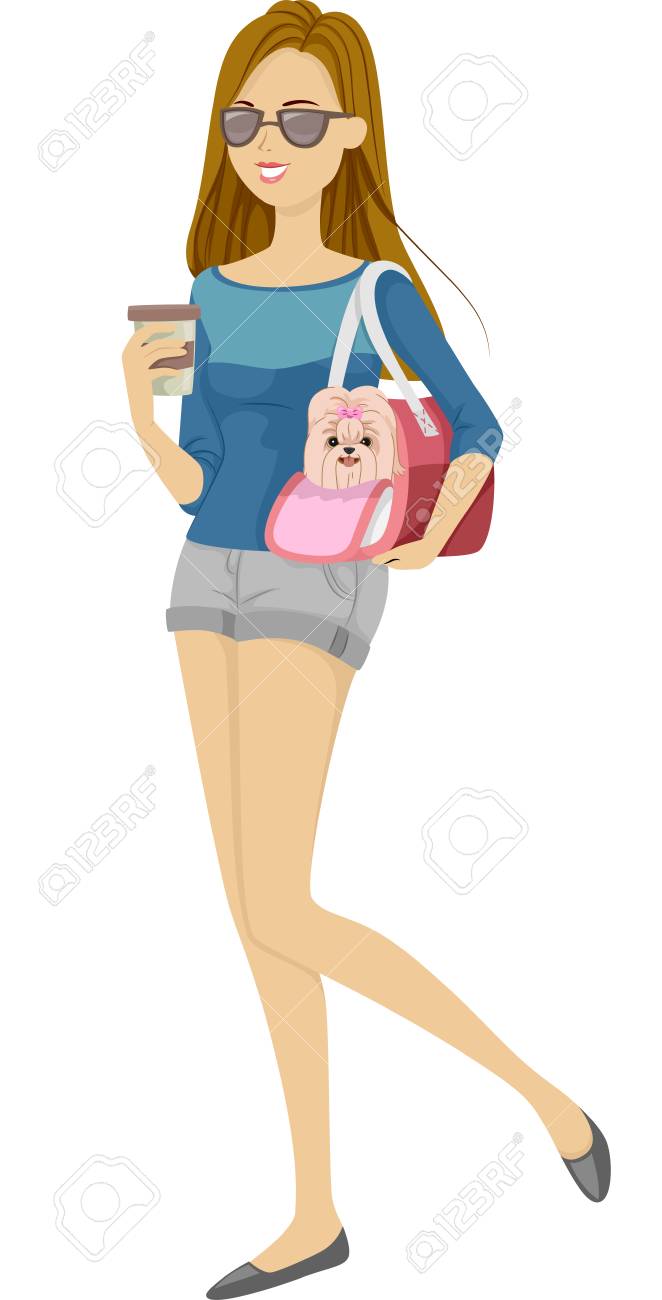 コーヒー遊ぶのために彼女の犬を取っている女の子のイラスト のイラスト素材 ベクタ Image