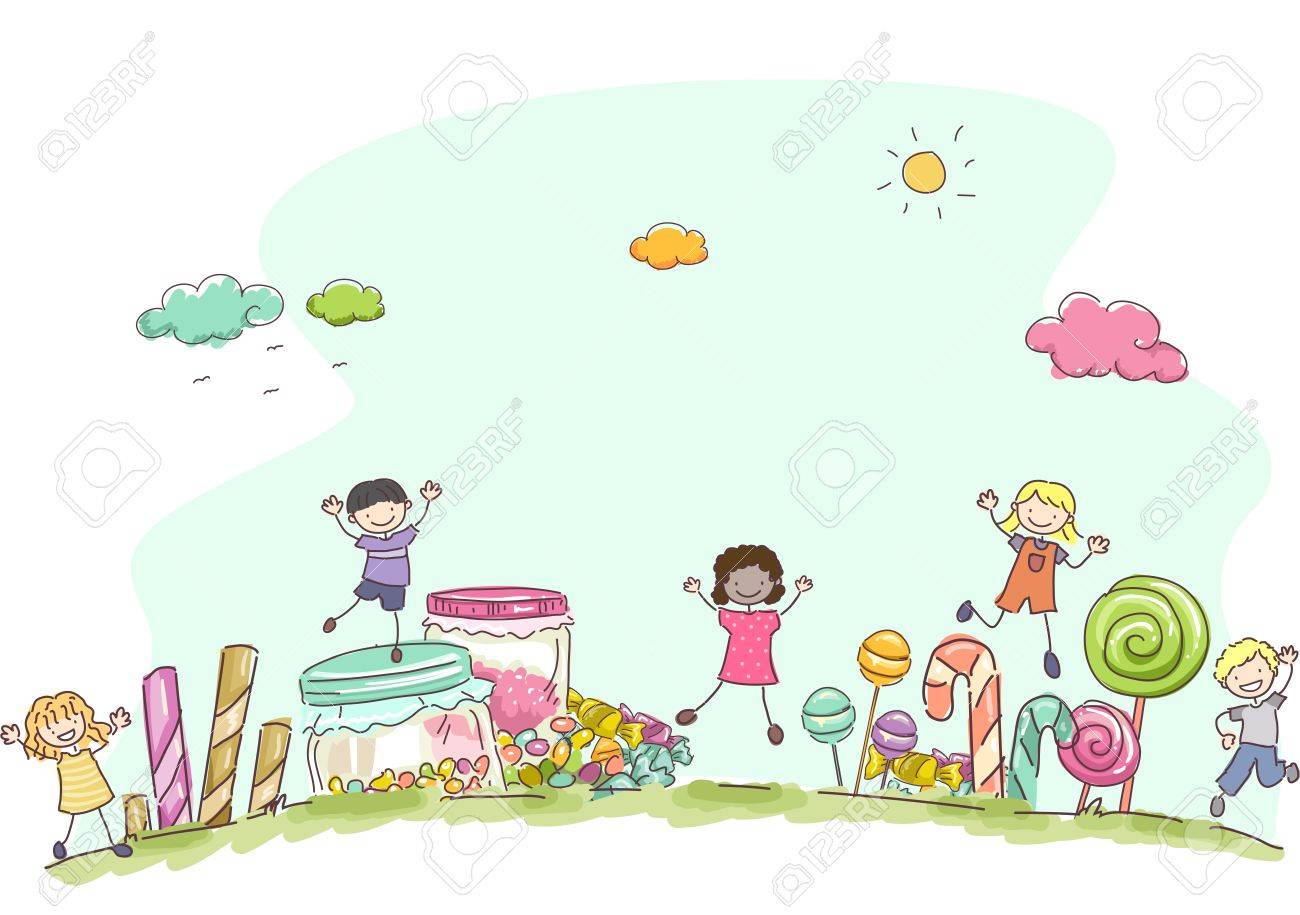 さまざまな種類のお菓子に囲まれた子供の特徴の図 のイラスト素材 ベクタ Image