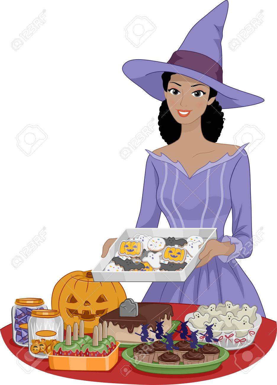 ハロウィーン パーティーのための食糧を準備する女性を描いたイラスト のイラスト素材 ベクタ Image