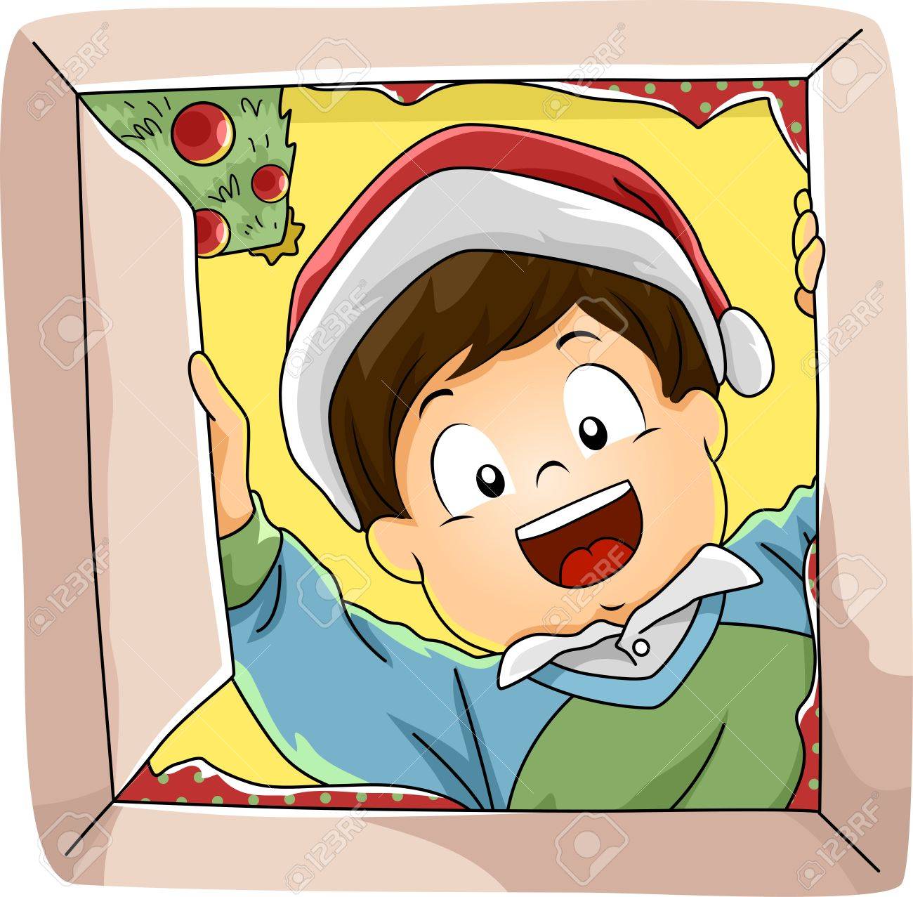 興奮して彼のクリスマスのギフトを開く男の子イラストのイラスト素材 ベクタ Image