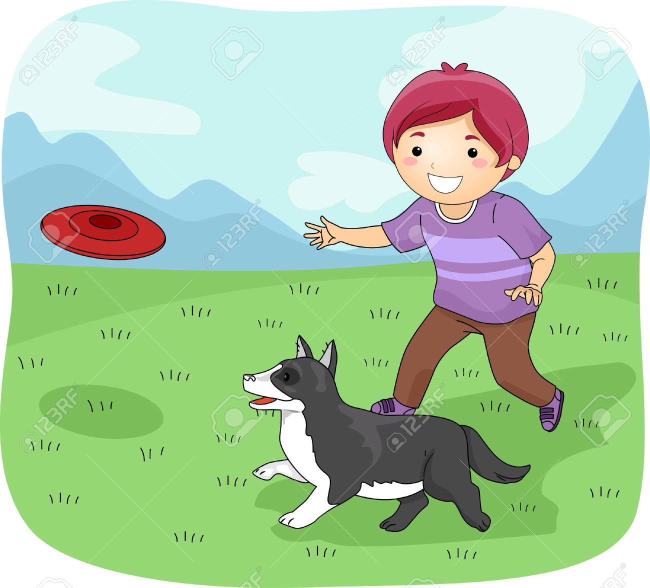 愛犬とフリスビーを再生男の子イラストのイラスト素材 ベクタ Image 33819029