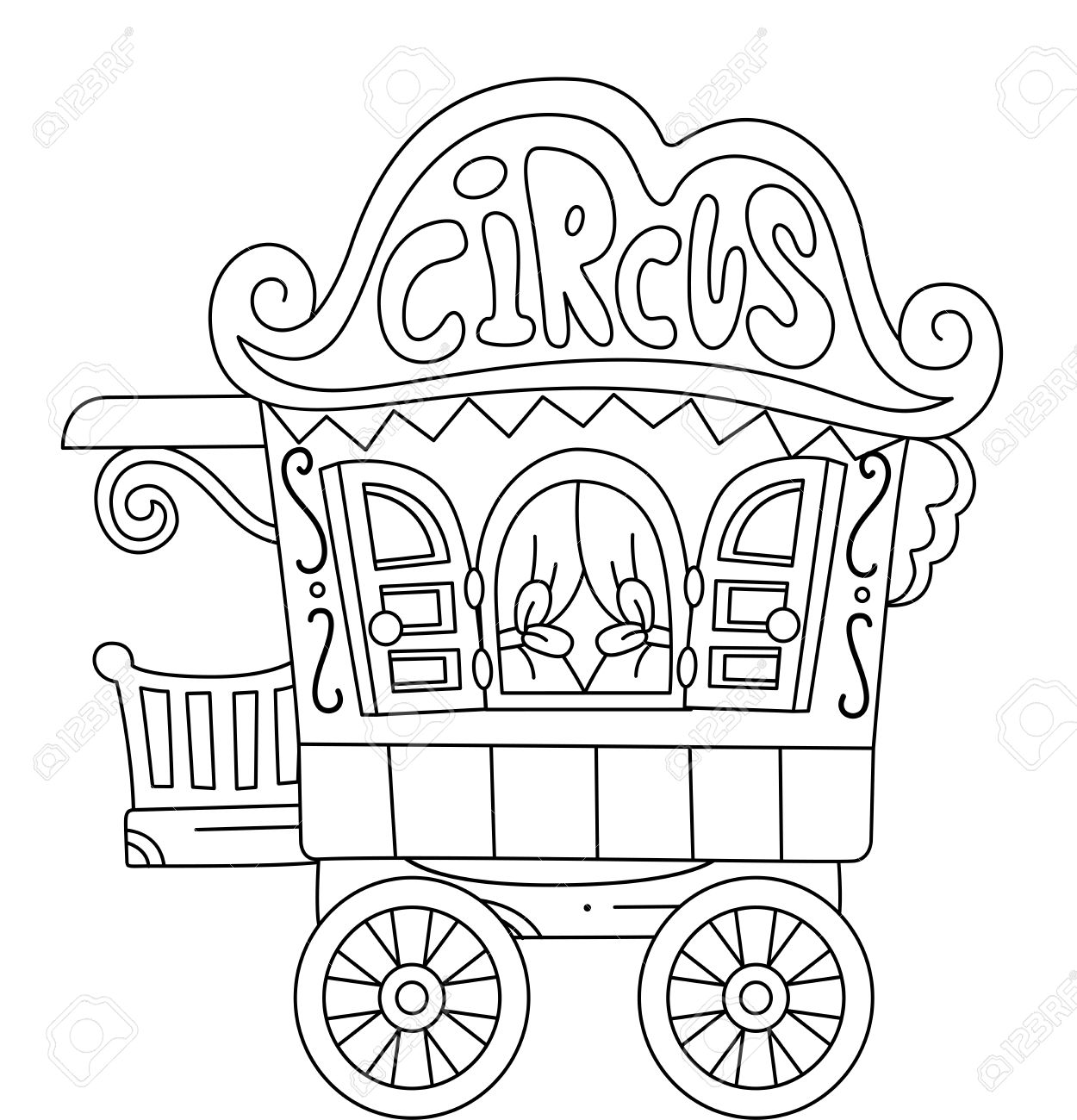 サーカスのキャラバンをフィーチャーの着色のページを印刷する準備ができてのイラスト のイラスト素材 ベクタ Image 34452631