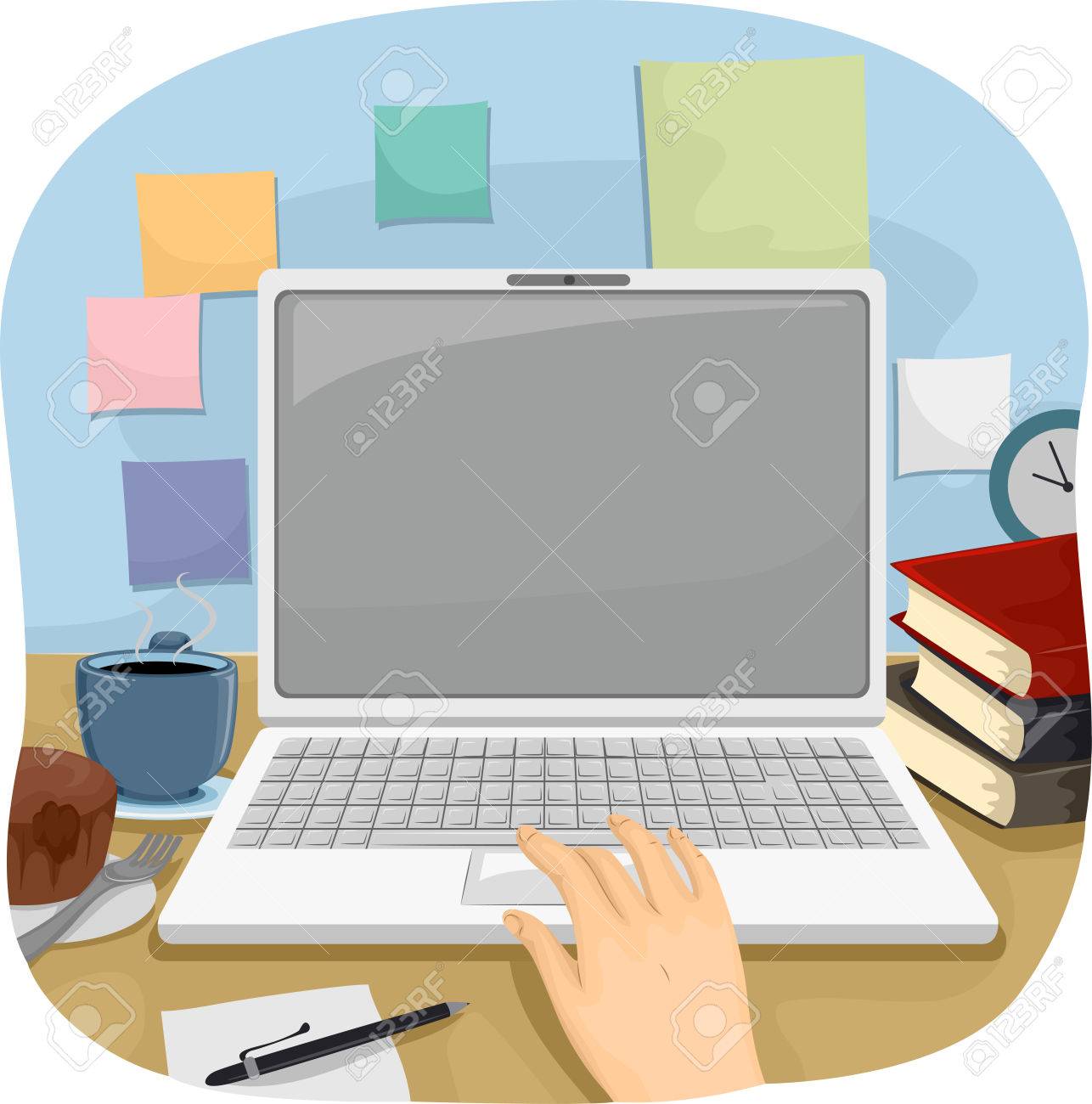 彼の仕事にノート パソコンを使用している人のイラストをトリミング の写真素材 画像素材 Image