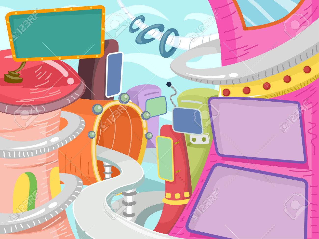 未来都市のカラフルな看板のフレーム イラスト の写真素材 画像素材 Image