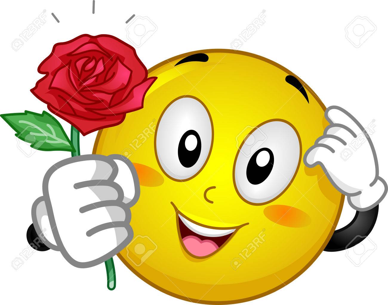 赤いバラを与える恥ずかしがるスマイルのマスコット イラスト の写真素材 画像素材 Image