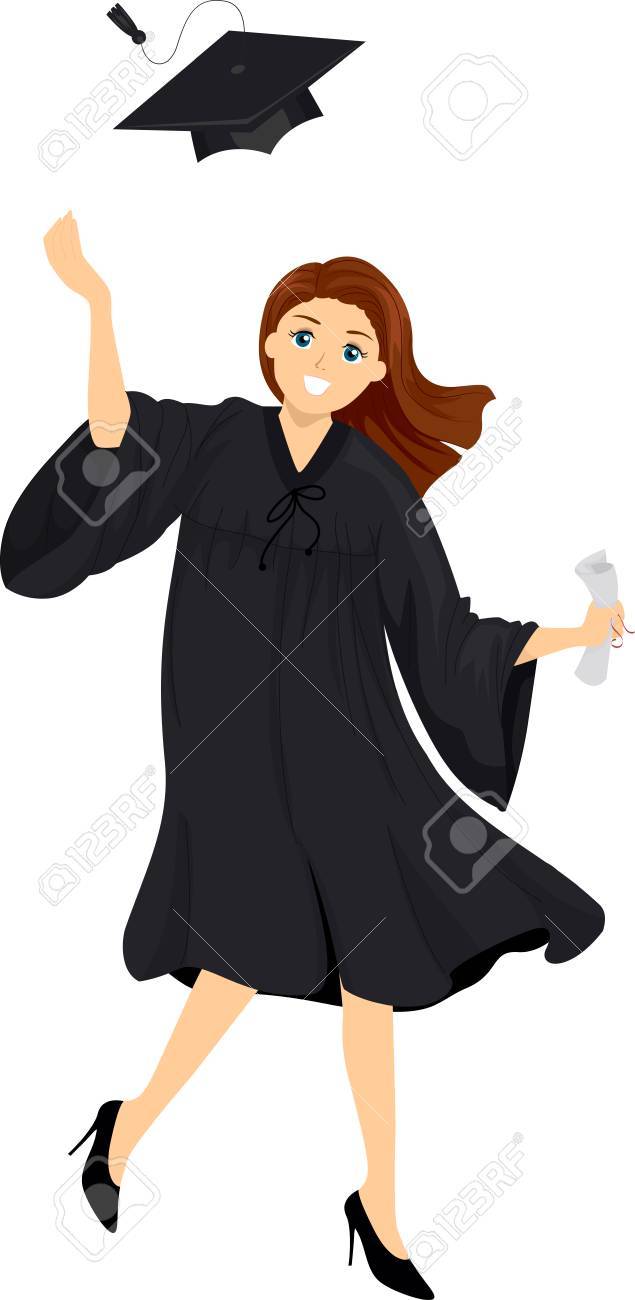彼女の卒業の帽子を投げアカデミック ドレスを着ている女の子のイラスト の写真素材 画像素材 Image