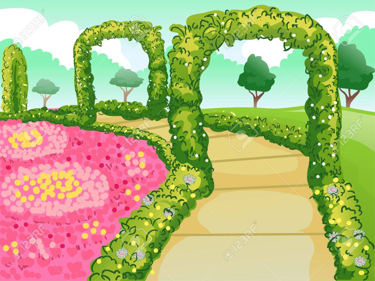 花と生け垣の並木道と植物園のイラスト の写真素材 画像素材 Image