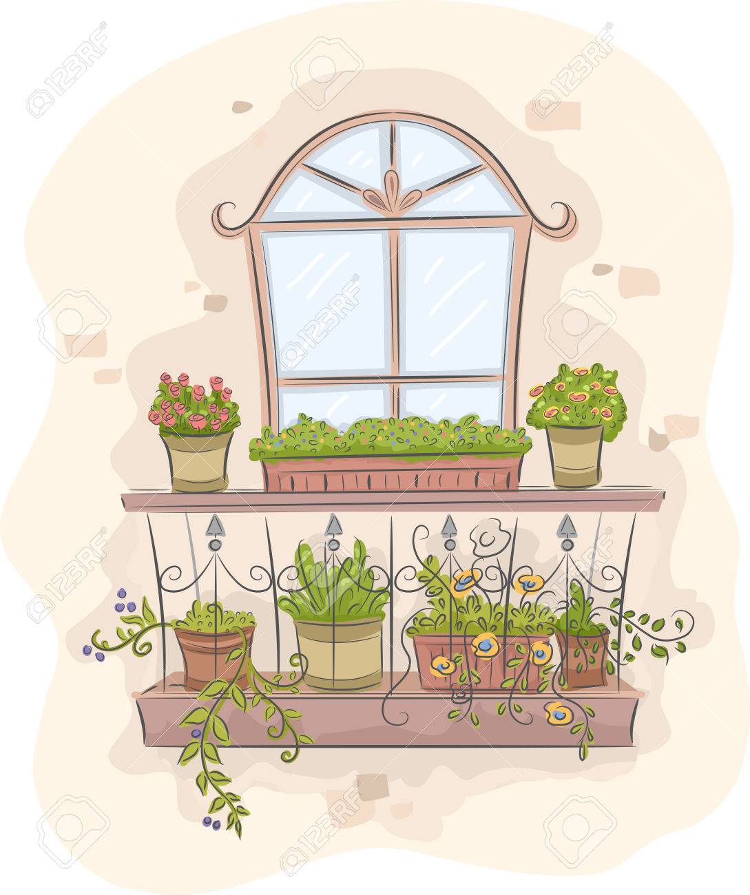 カラフルな植物の完全な庭のバルコニーのイラスト の写真素材 画像素材 Image