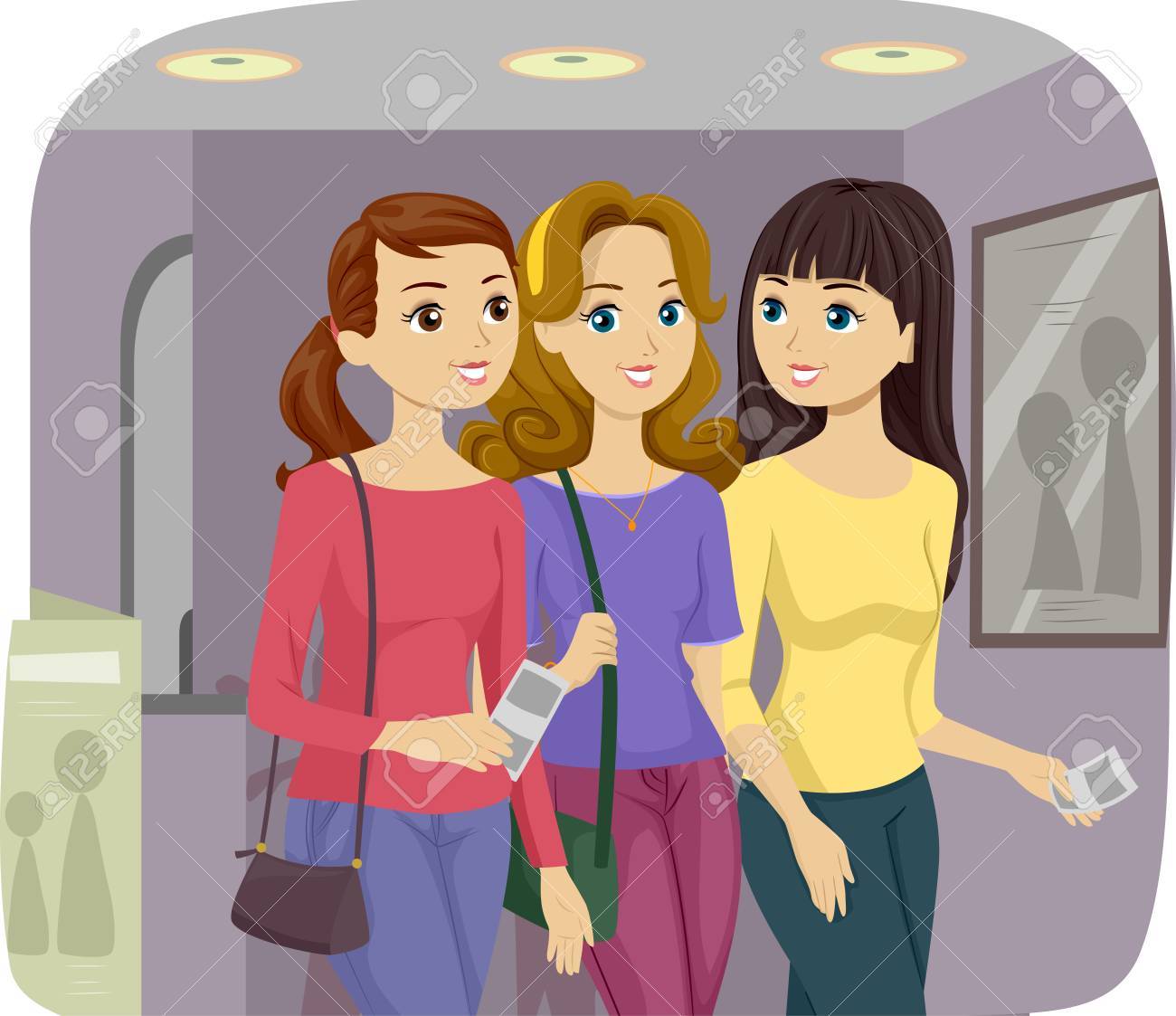 一緒に映画に行く女性の十代の友人のイラスト の写真素材 画像素材 Image