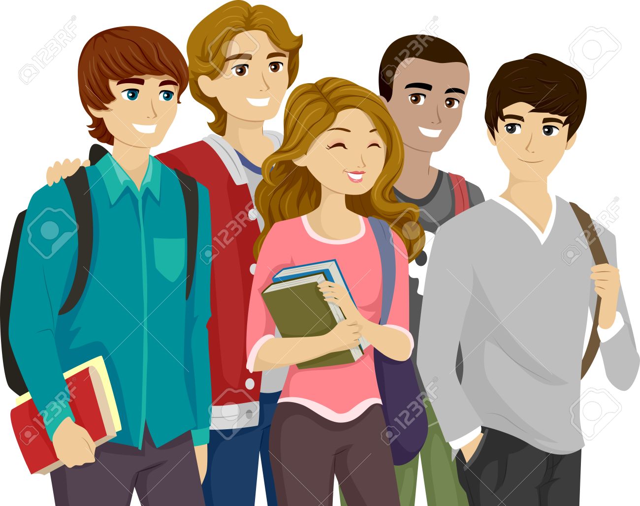 illustration of a popular girl surrounded by teenage guys stock