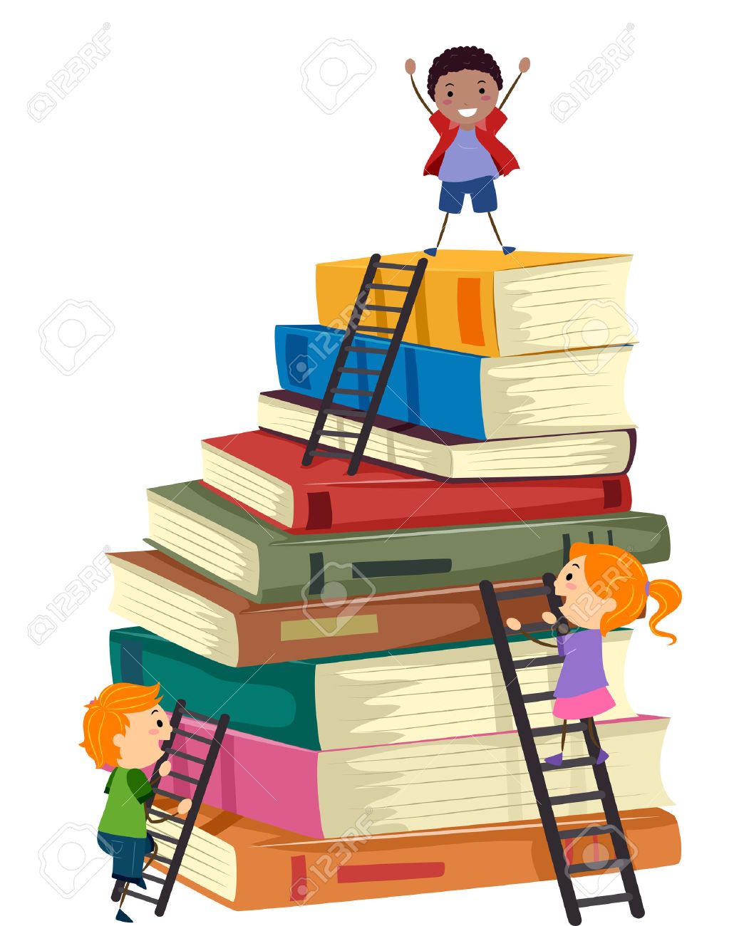 stickman illustration of kids climbing a tall stack of books stock