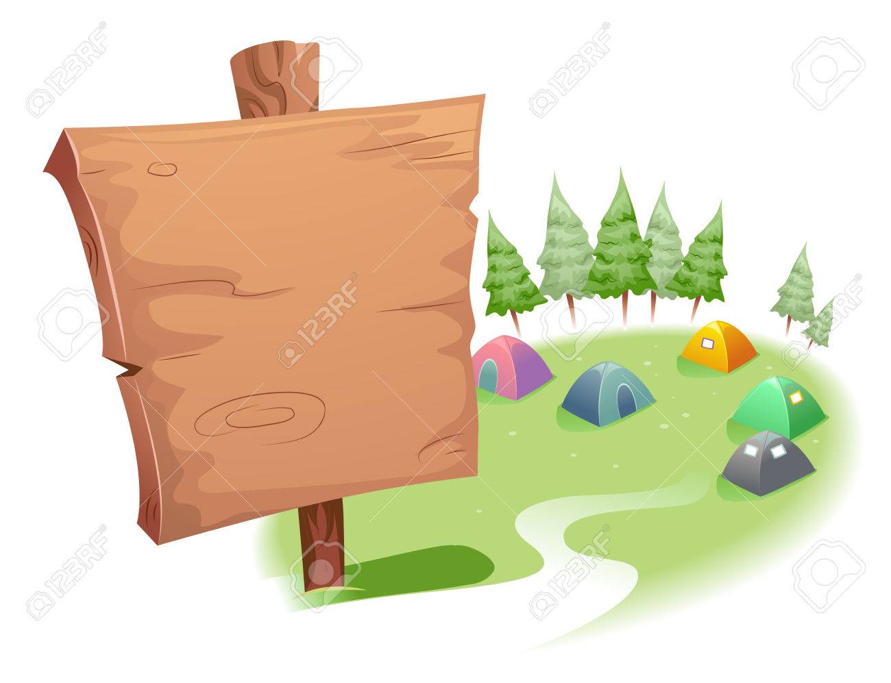 Illustration Of A Blank Wooden Sign On Top Of A Camp Site Stock Photo Picture And Royalty Free Image Image
