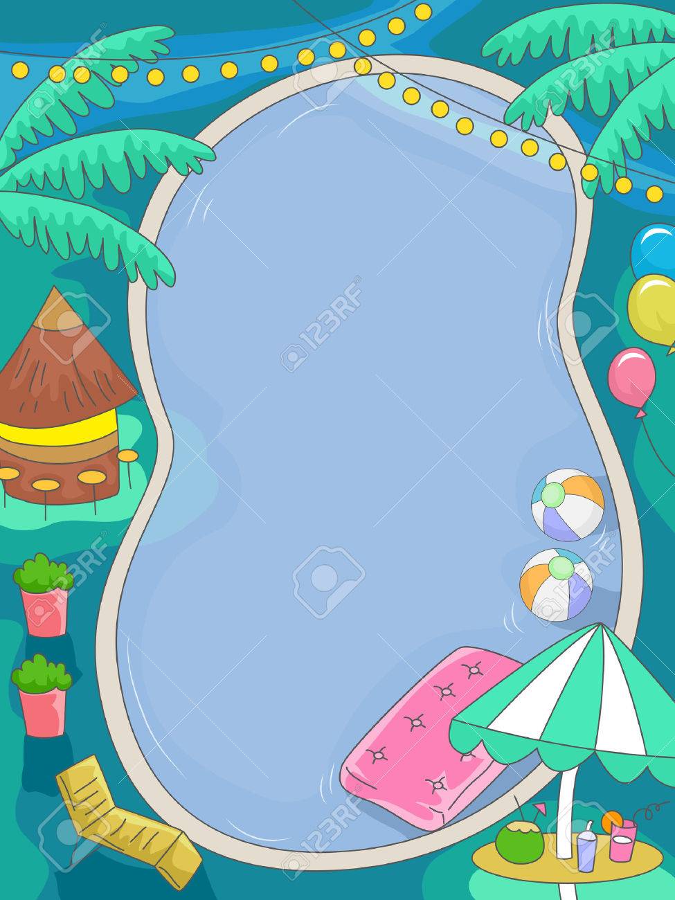 illustration of a birthday pool party with a tropical theme stock