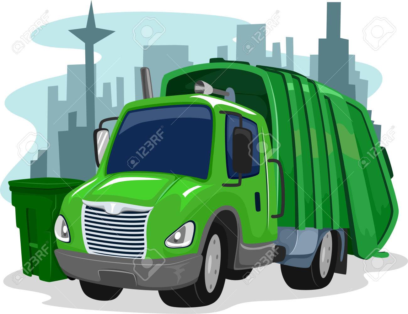 緑のゴミ収集車がゴミ収集のイラスト の写真素材 画像素材 Image