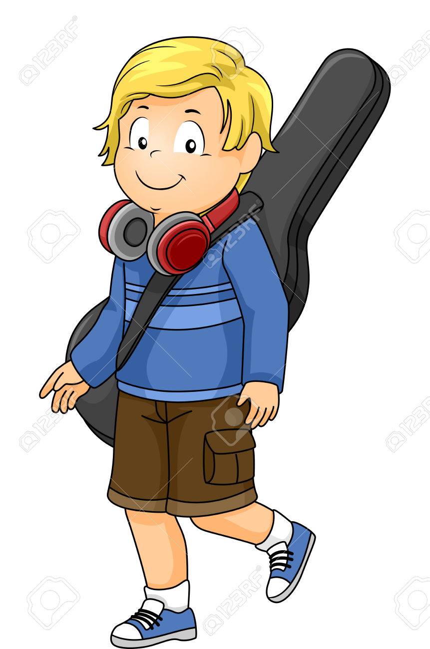 彼のヘッドフォンとギターで歩く幸せな少年のイラスト の写真素材 画像素材 Image