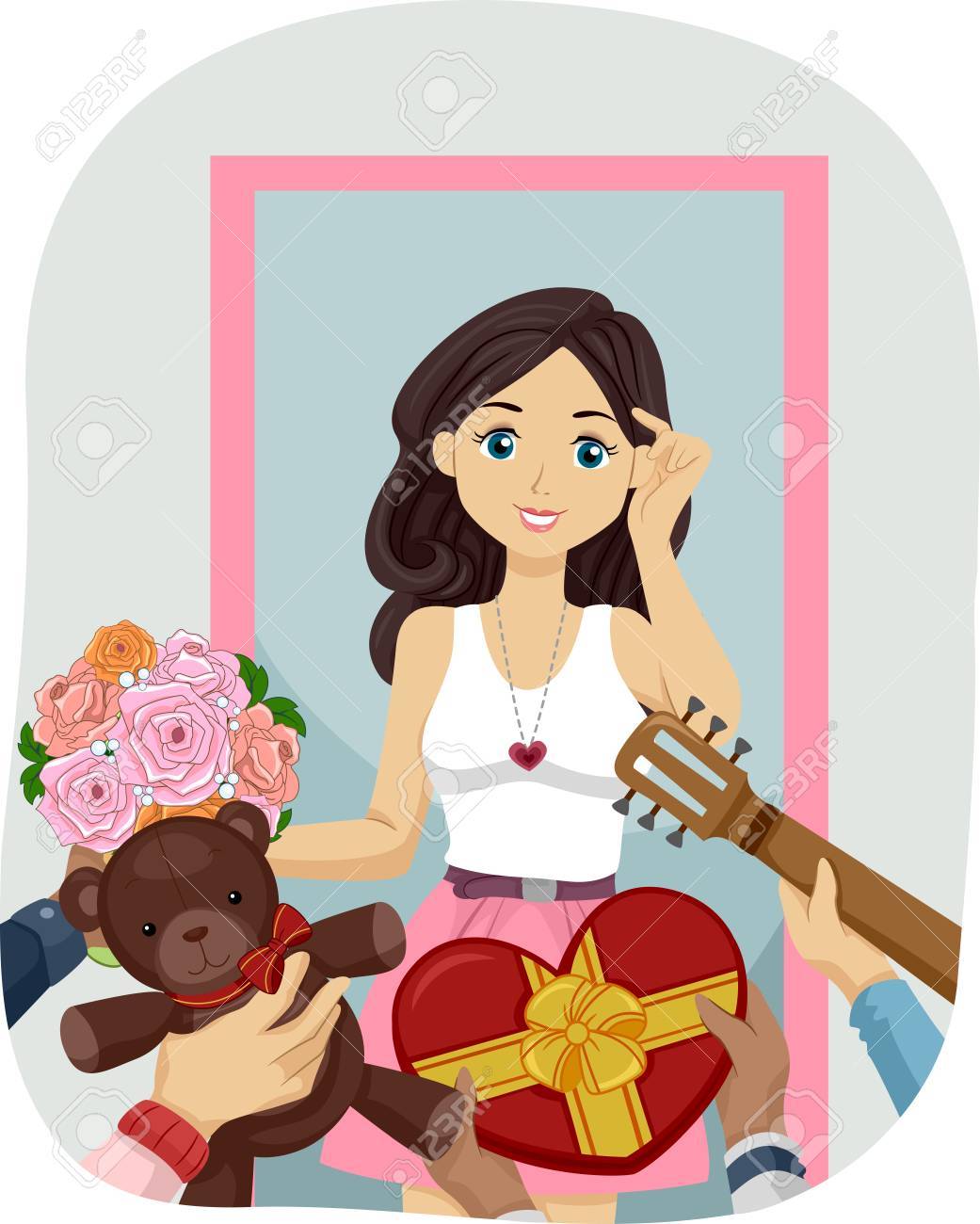 彼女の求婚者からの贈り物とあふれるゴージャスな十代の少女のイラスト の写真素材 画像素材 Image