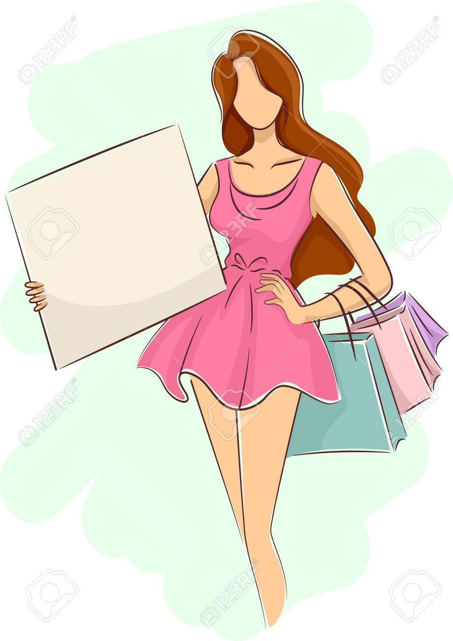 空白の看板を持って 買い物袋を運ぶ女の子のイラスト の写真素材 画像素材 Image