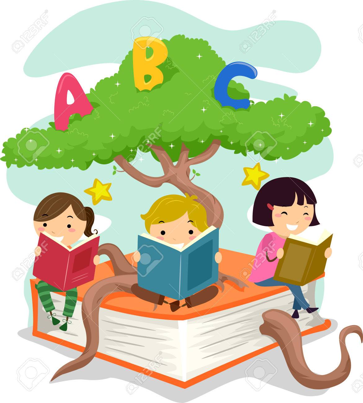 stickman illustration of kids reading books while sitting on stock
