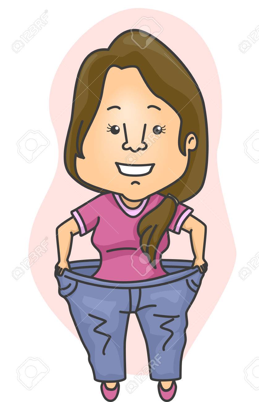 重量を失った後彼女の緩いジーンズを示す女性のイラスト の写真素材 画像素材 Image