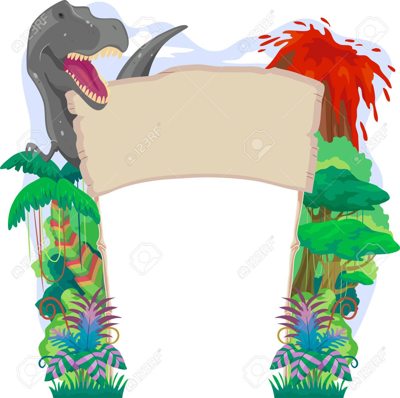T レックス 噴火の火山 密集した熱帯雨林先史時代をテーマにしたバナー イラスト の写真素材 画像素材 Image