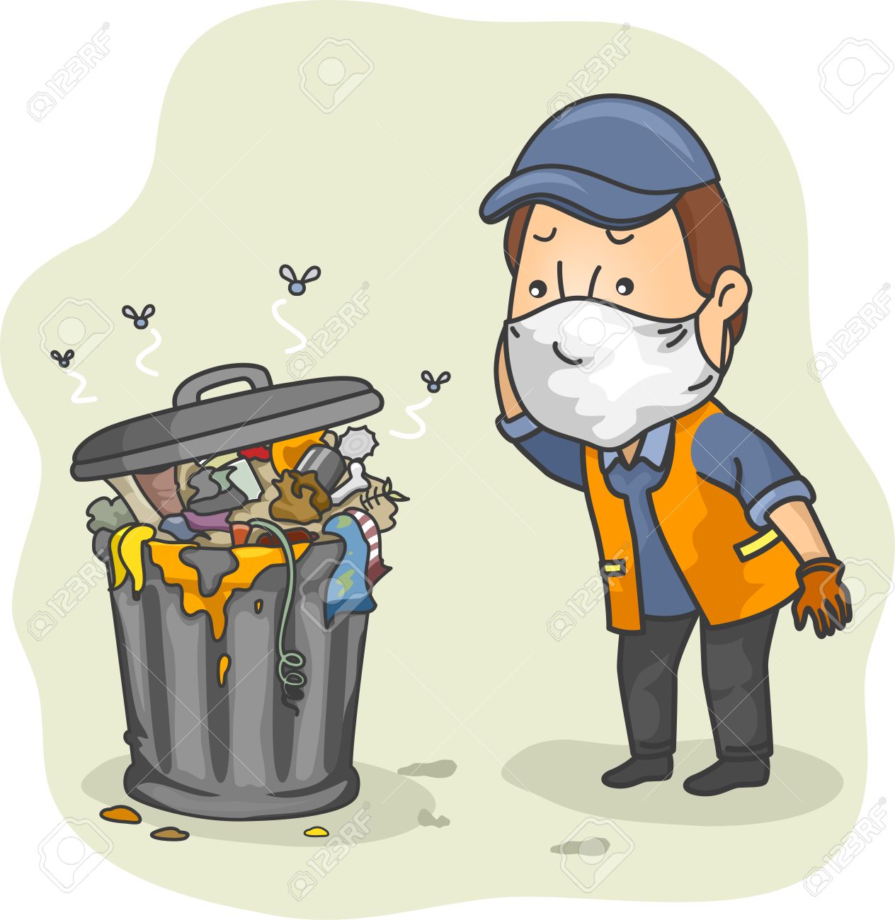 Illustration Of A Man Dressed As A Trash Collector Scratching His Head  While Checking A Pile Of Stinky Garbage Stock Photo, Picture And Royalty  Free Image. Image 66971257.