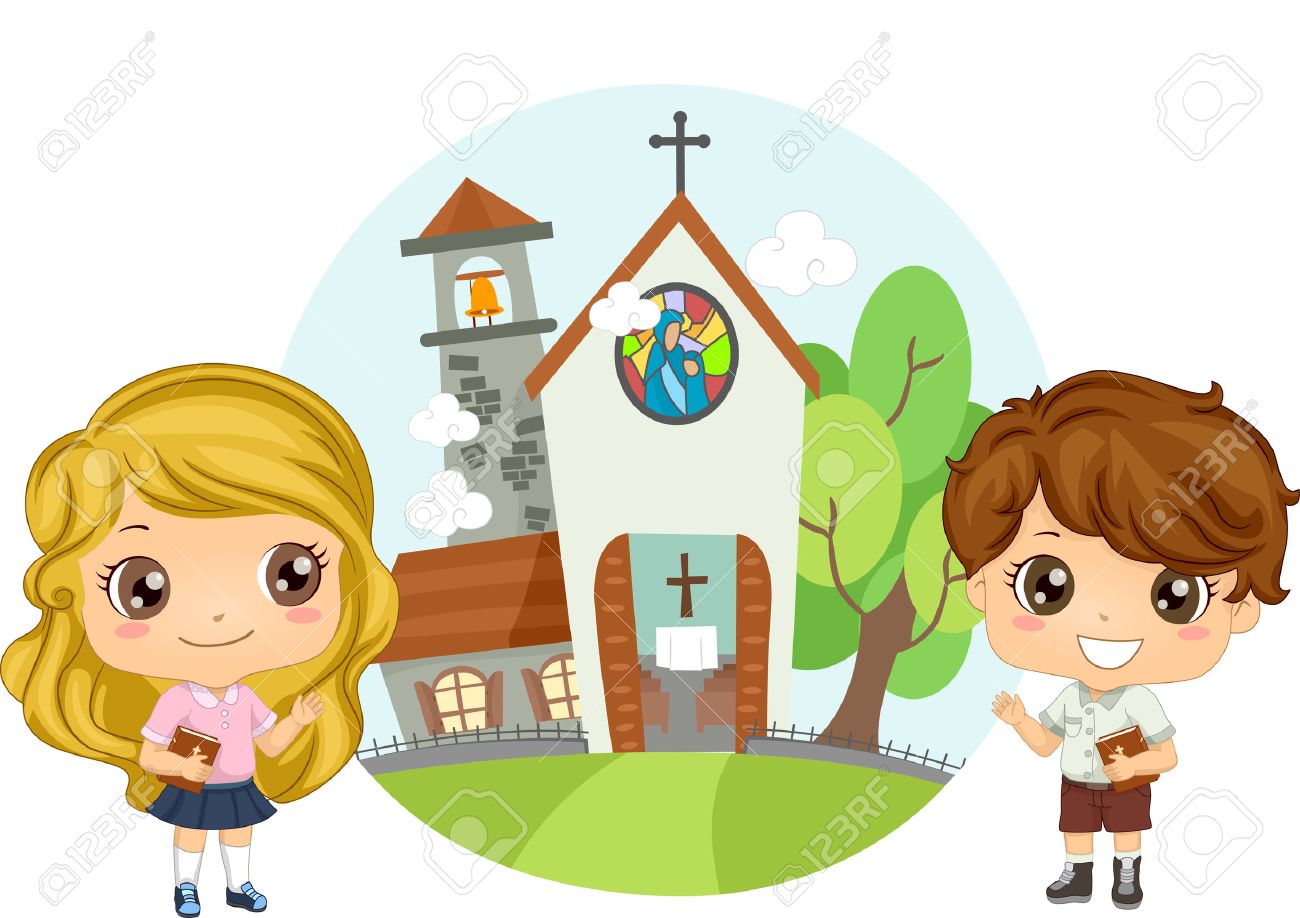 聖書教会に出席サービスを運ぶ就学前の子供のペアのイラスト の写真素材 画像素材 Image