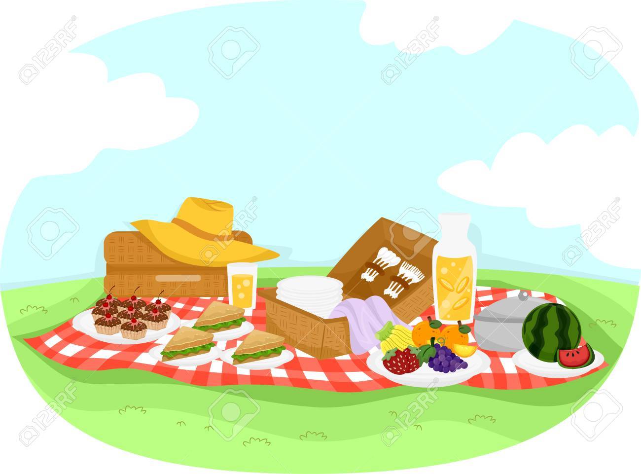 Colorful Illustration Featuring A Picnic Setup Composed Of Cupcakes Fruits And Sandwiches Stock Photo Picture And Royalty Free Image Image