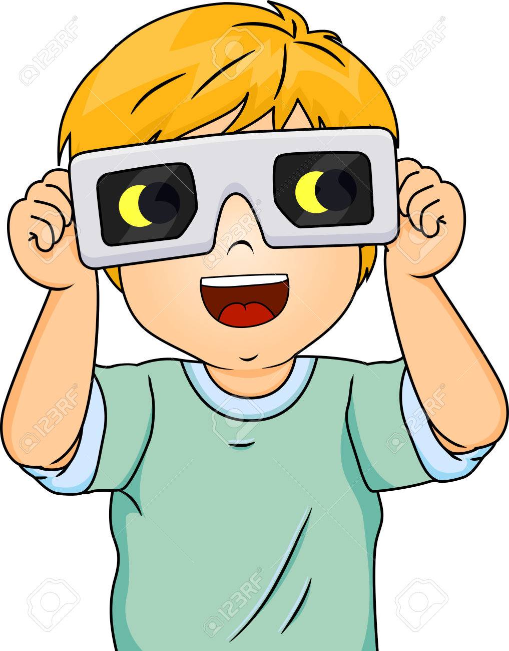彼は日食を見ると保護メガネを着て興奮した男の子のイラスト の写真素材 画像素材 Image