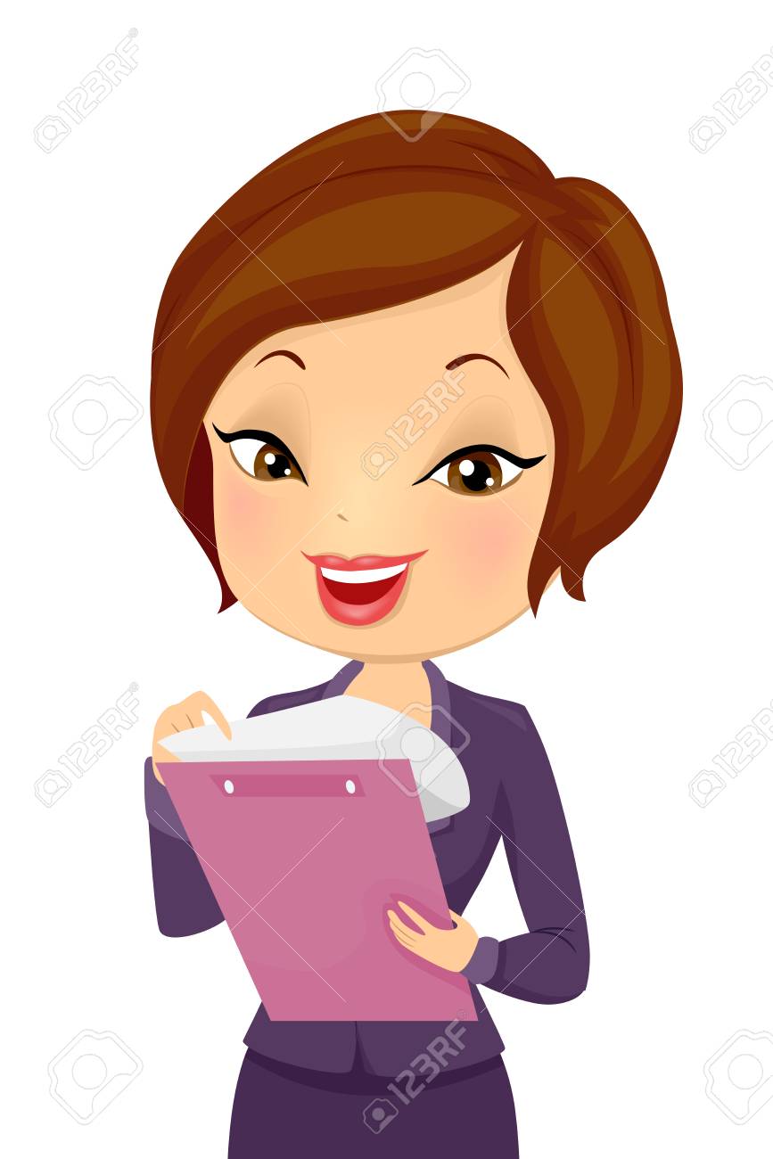 オフィス スーツの書類をめくってクリップボードを保持している女の子のイラスト の写真素材 画像素材 Image