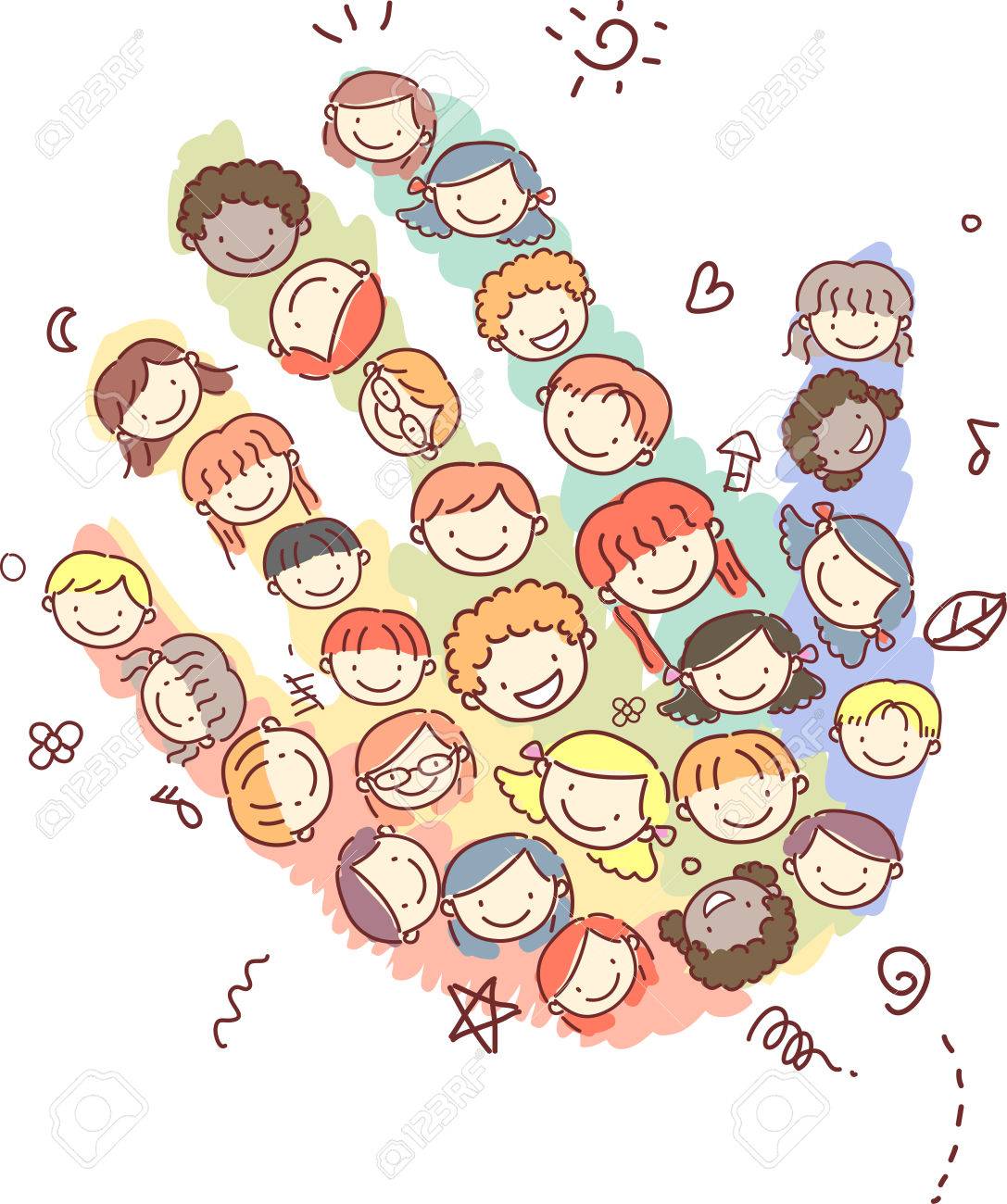 手の形状を形成するいたずら書き子供の別の顔のイラスト の写真素材 画像素材 Image