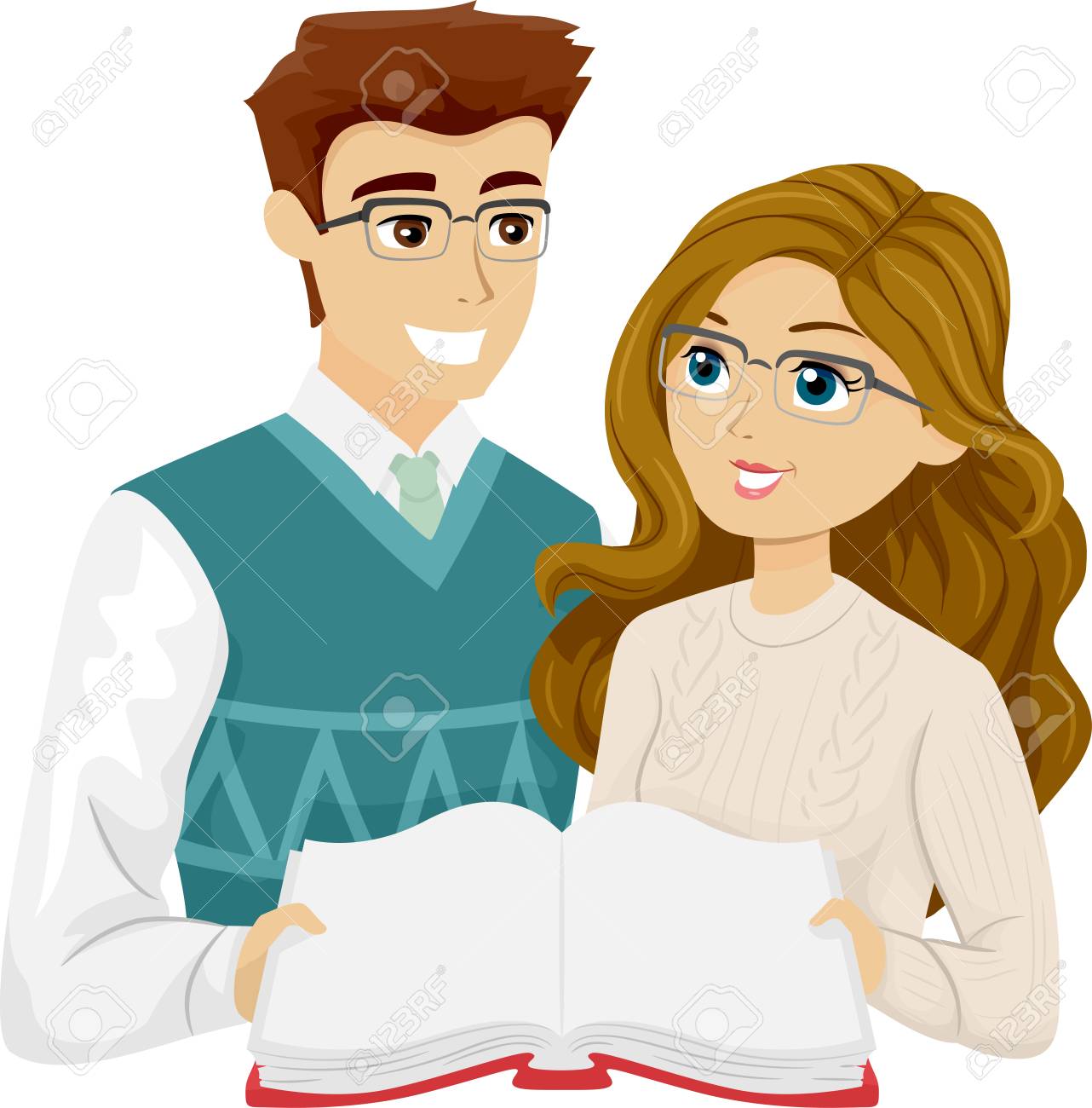 一緒に本を読んでメガネの若い 10 代のカップルのイラスト