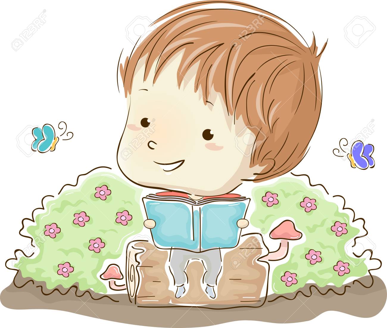 カラフルなイラストがかわいい小さな子供は 茂みの中で本を読んでの特徴 の写真素材 画像素材 Image