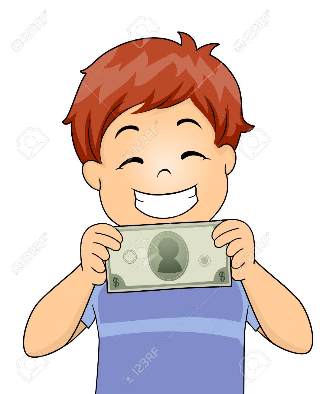 illustration of a kid boy happily showing a money bill stock photo