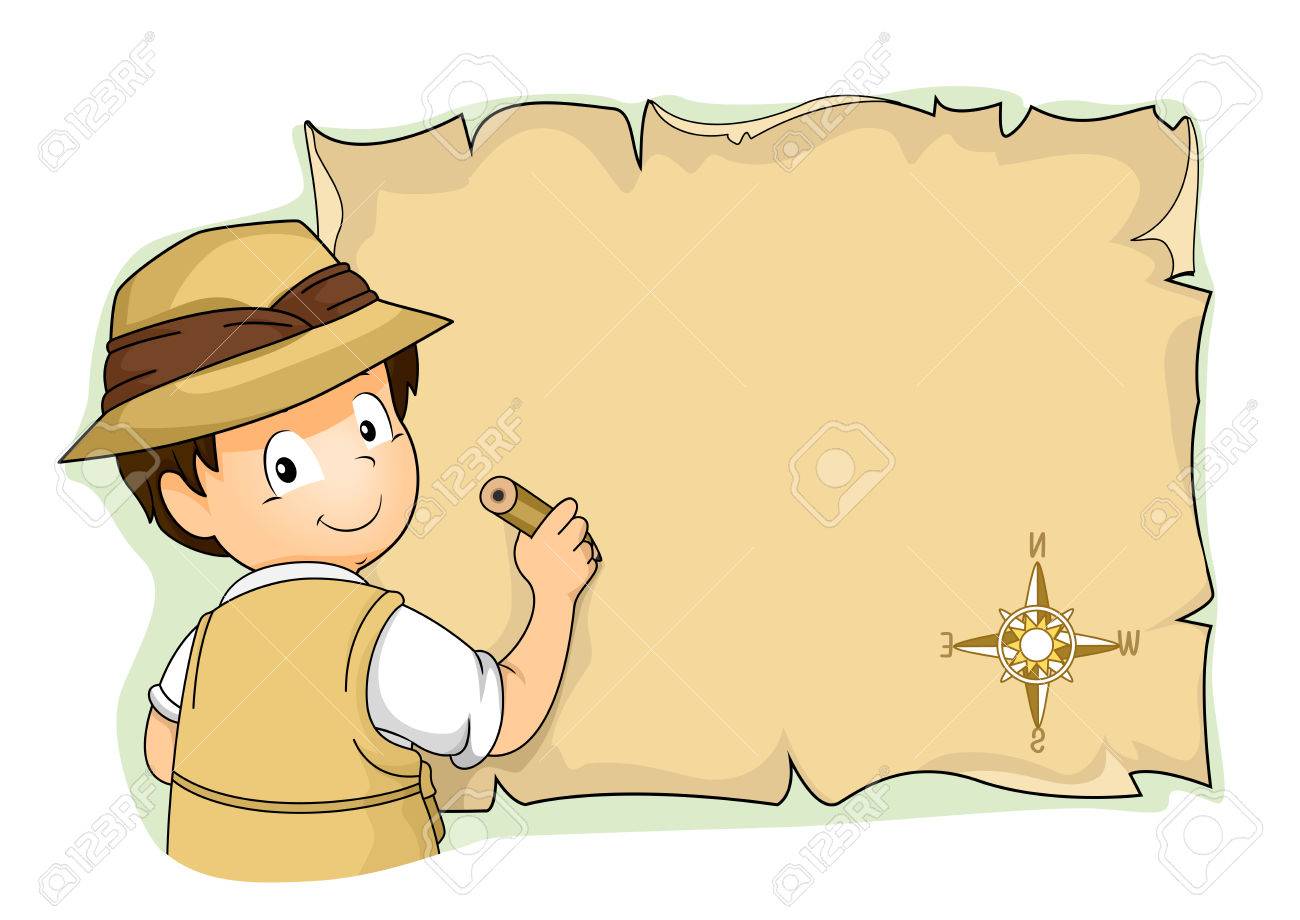 完全にサファリには幼い男の子のイラスト ギア古空白地図を書く の写真素材 画像素材 Image