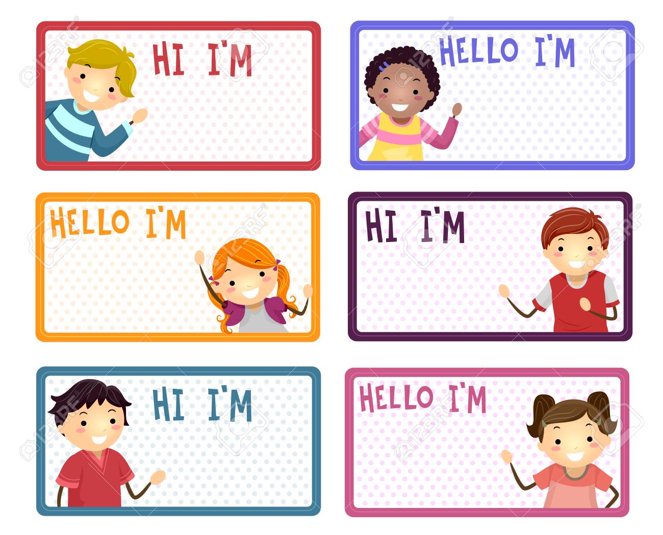 ハイと言って棒人間子供とこんにちはと名のラベルのイラスト の写真素材 画像素材 Image