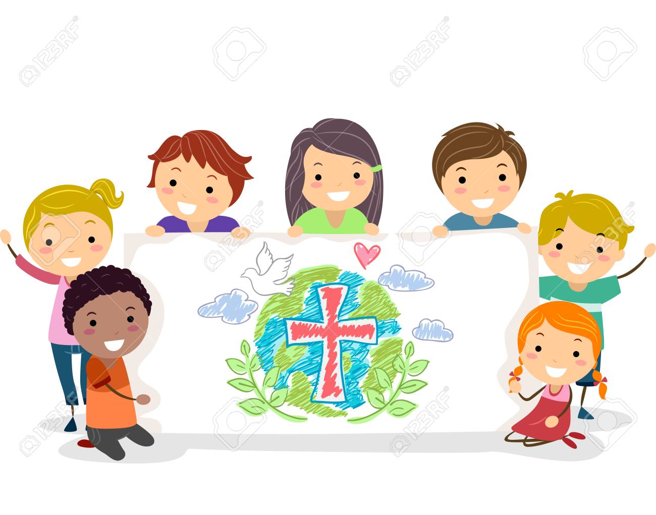 Illustration of Stickman Kids Holding Up a Christian Drawing in a Banner - 88560774 Illustration of Stickman Kids Holding Up a Christian Drawing in a Banner - 88560774