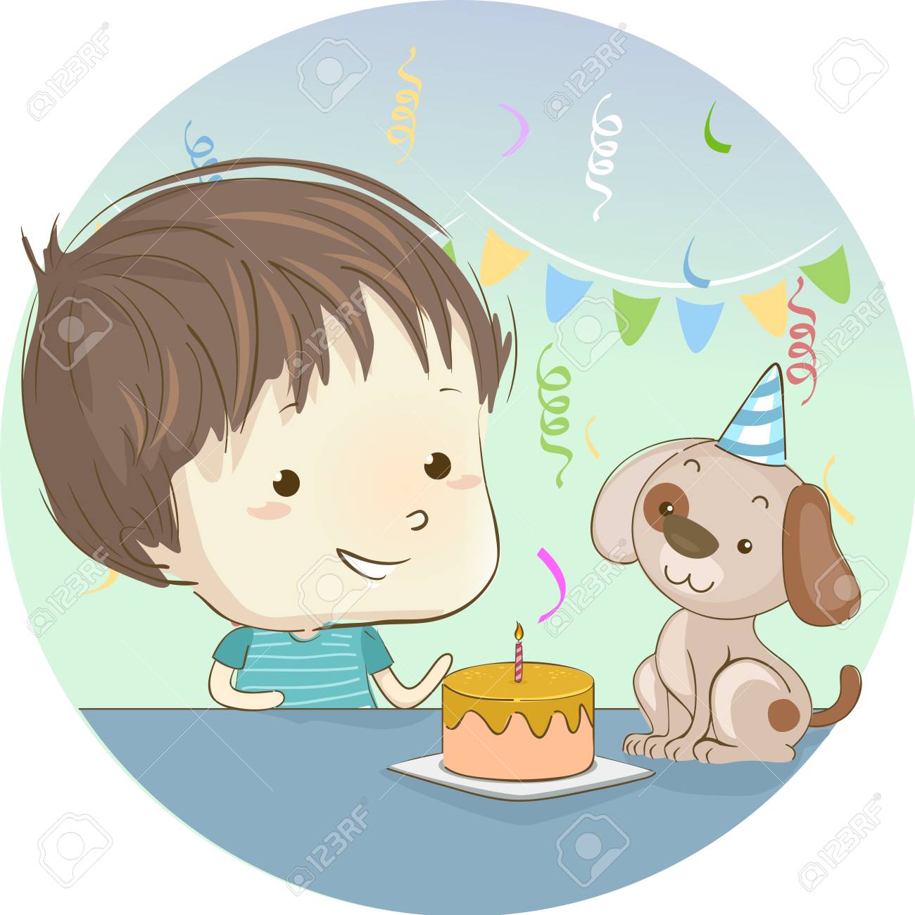 カラフルなイラストがかわいい小さな男の子が愛犬にお誕生日ケーキを提示することを特徴 の写真素材 画像素材 Image 4607